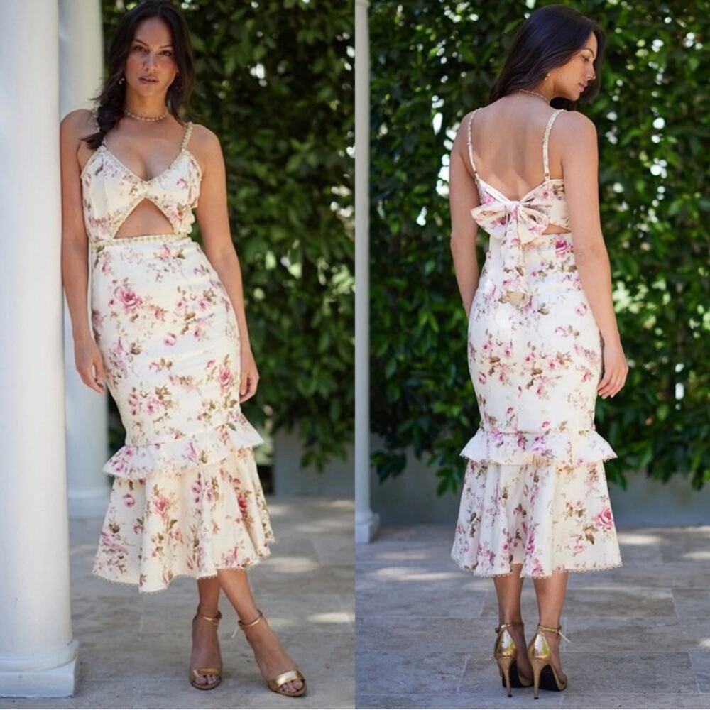V. Chapman Luna Cutout Floral Tapestry Tiered Midi Dress Size 12 Pink Multi